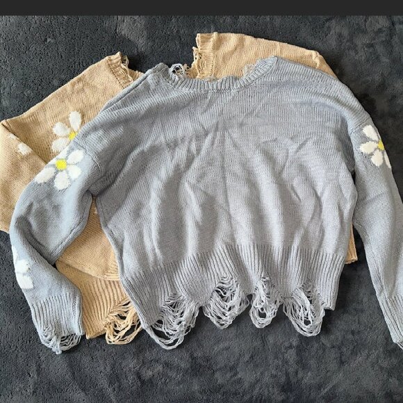 Cropped Daisy Floral Print V Neck Long Sleeve Personality Sweater Ribbed Trim - Picture 7 of 15